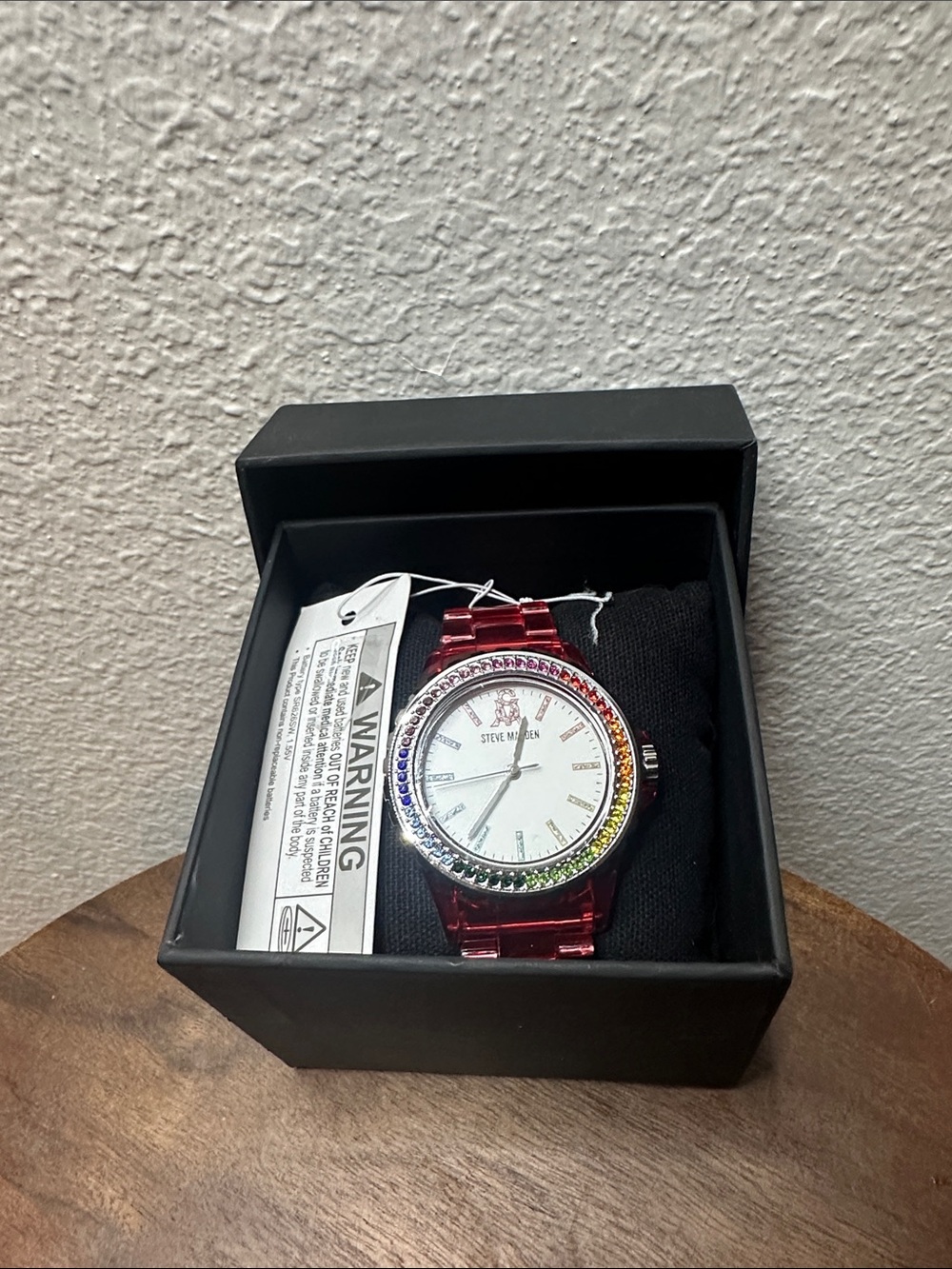 Steve Madden Red Bracelet Watch with Rainbow Crystal Bezel